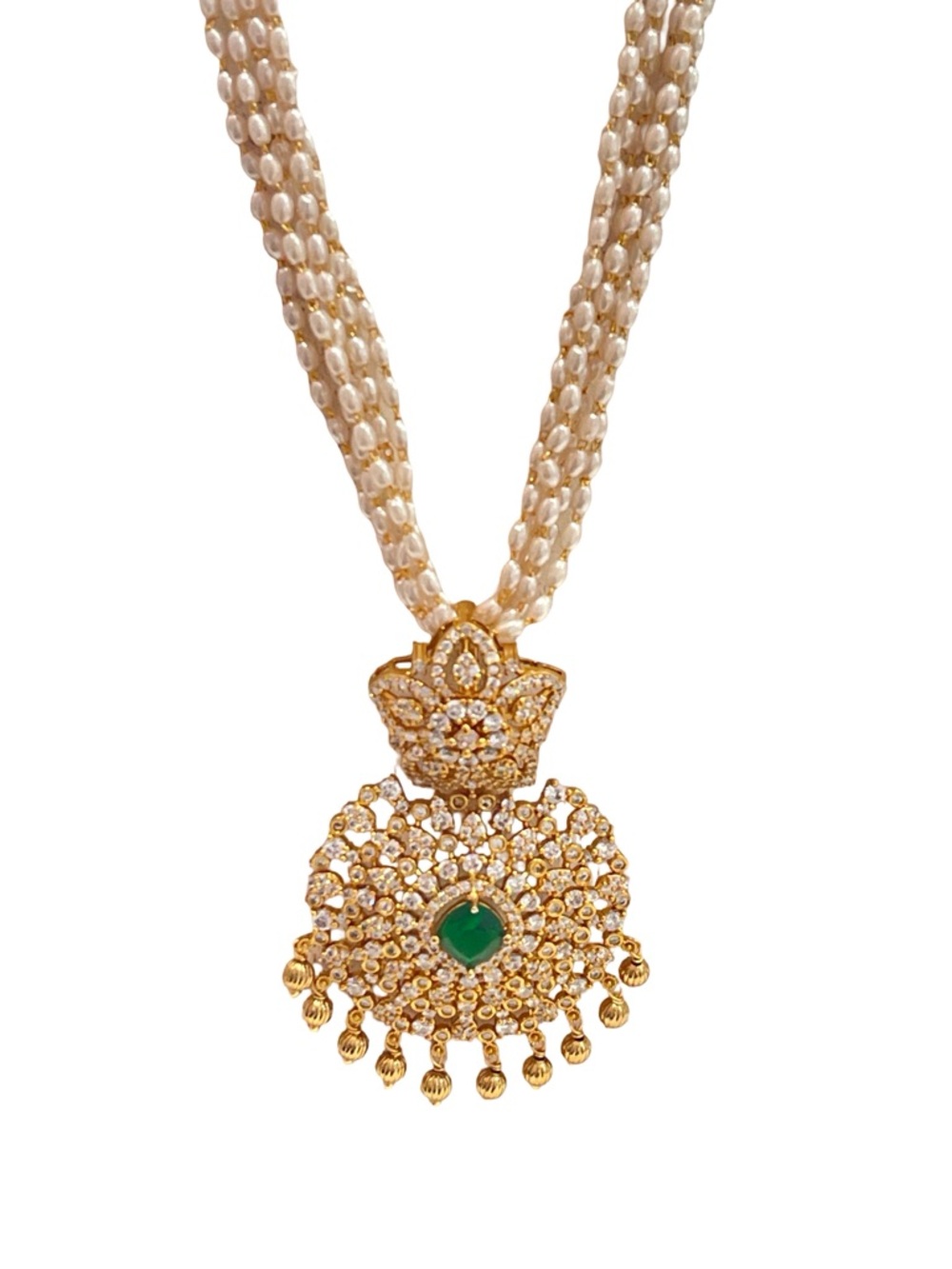 Gold-Tone Pearl Necklace with Green Center Pendant